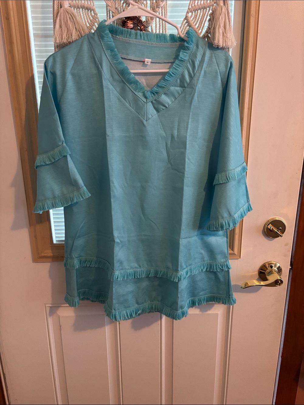 Women's Fringe-Trim V-Neck Tunic Top - Aqua